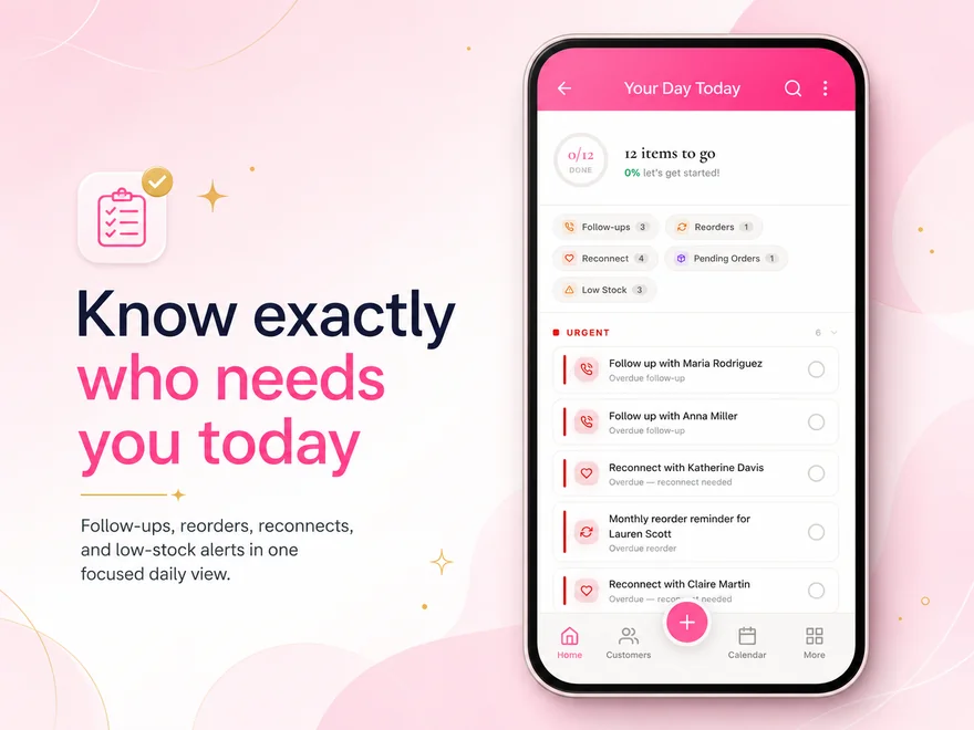 MyPink Party daily to-do list showing customer follow-ups and birthdays