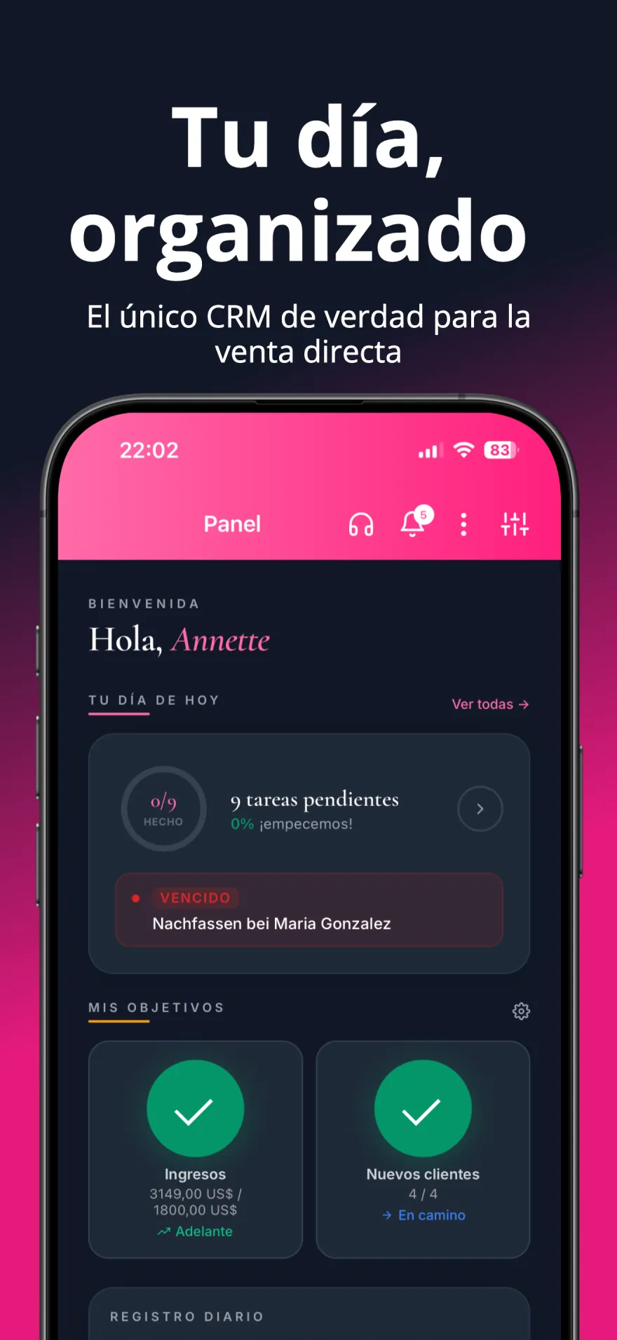 Panel de MyPink Party con las tareas, los objetivos y los seguimientos de clientes de hoy