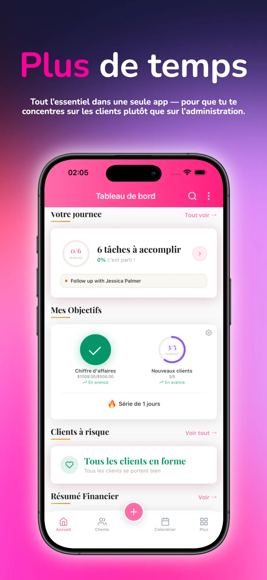 Tableau de bord MyPink Party affichant les tâches, les objectifs et les relances clients du jour