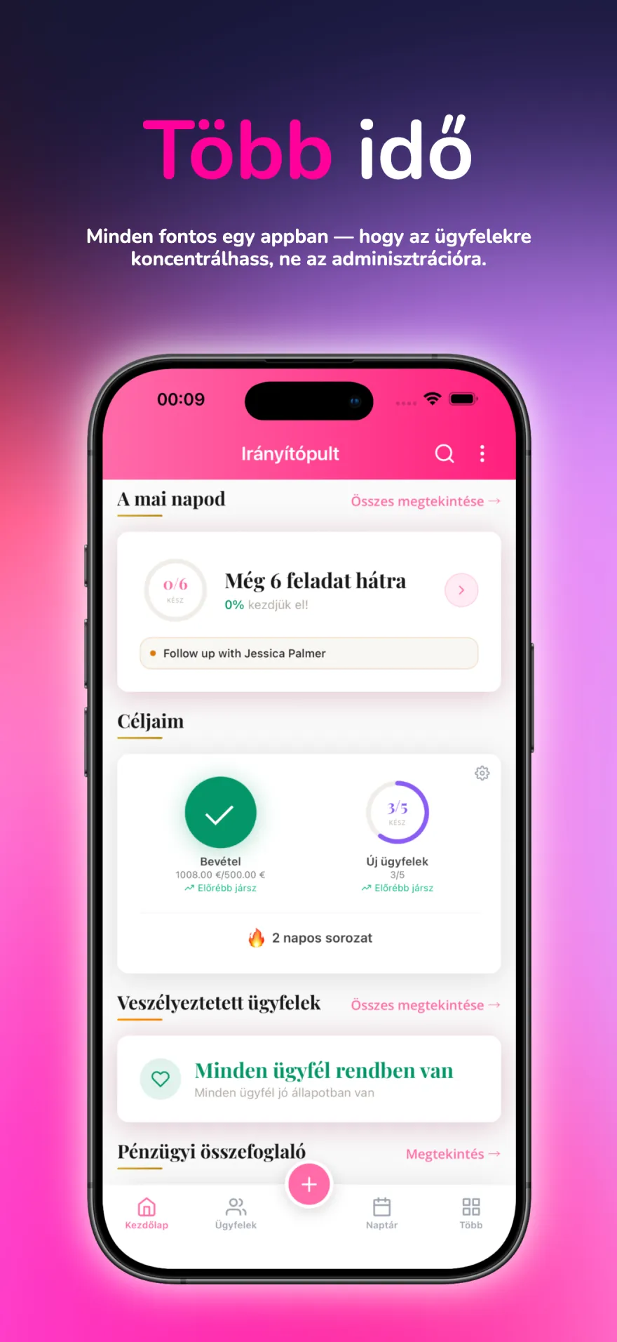 MyPink Party irányítópult a mai feladatokkal, célokkal és ügyfél-utánkövetésekkel