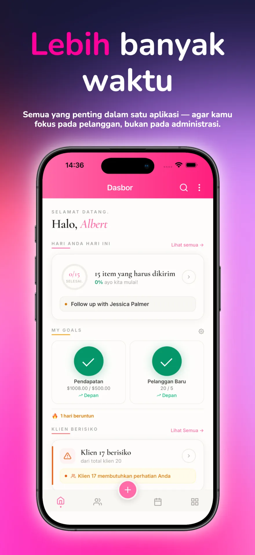 Dasbor MyPink Party yang menampilkan tugas, target, dan tindak lanjut pelanggan hari ini