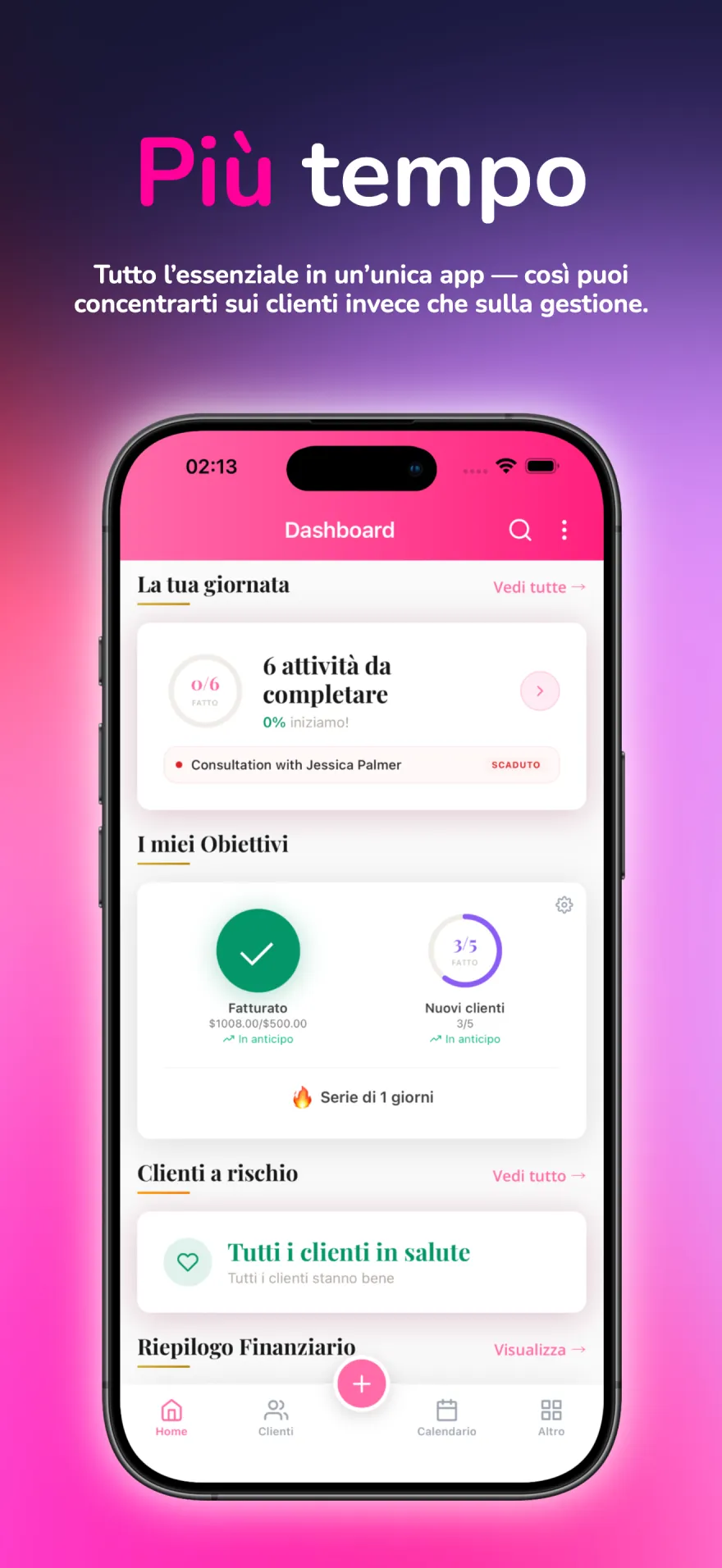 Dashboard di MyPink Party con le attività, gli obiettivi e i follow-up dei clienti di oggi