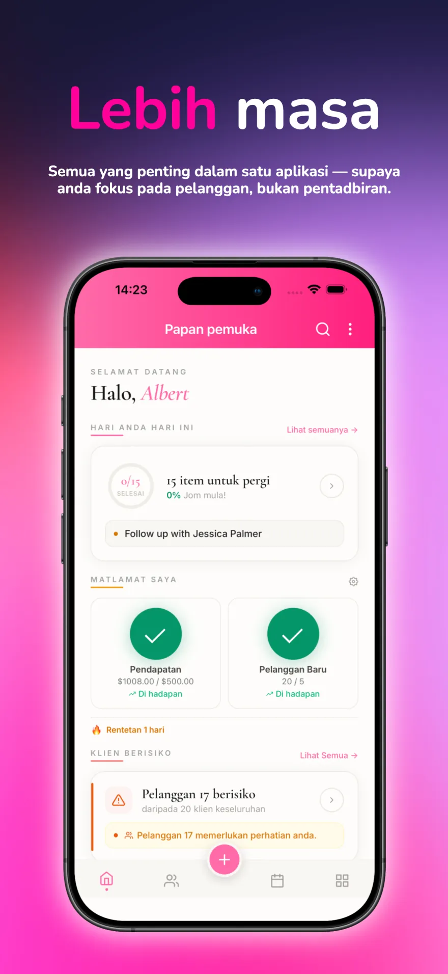 Papan pemuka MyPink Party yang memaparkan tugasan, matlamat dan susulan pelanggan hari ini