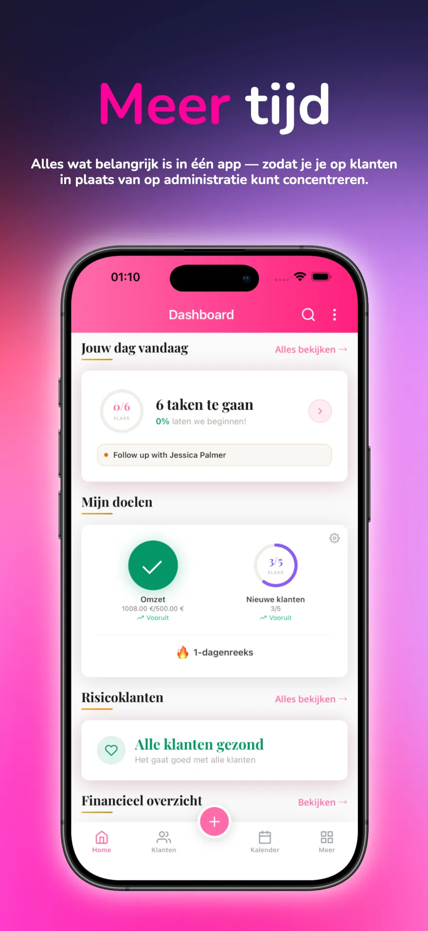 MyPink Party-dashboard met de taken, doelen en klantopvolgingen van vandaag