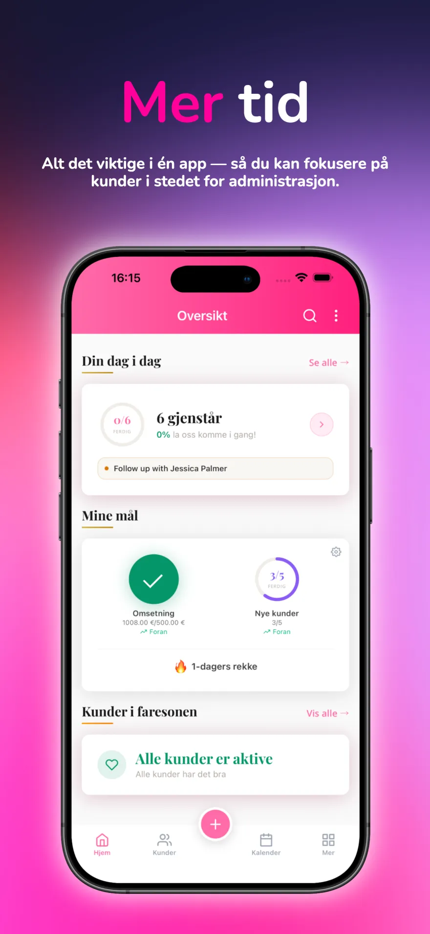 MyPink Party-dashbord som viser dagens oppgaver, mål og kundeoppfølginger