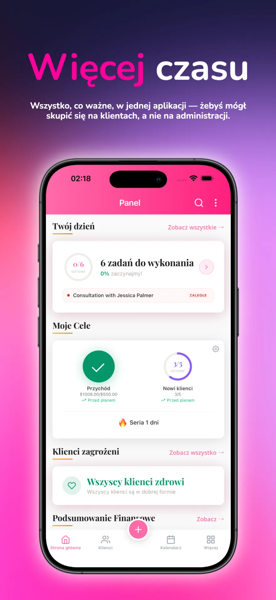 Pulpit MyPink Party z dzisiejszymi zadaniami, celami i przypomnieniami o kontakcie z klientami