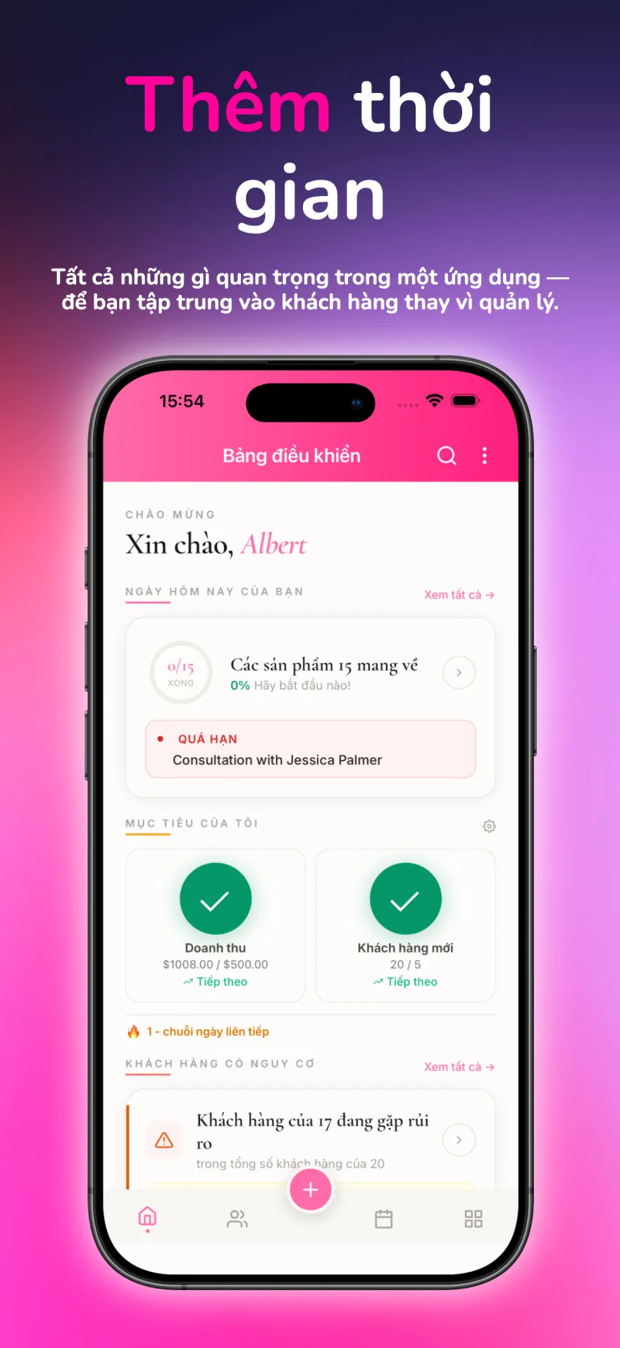 Bảng điều khiển MyPink Party hiển thị công việc, mục tiêu và việc chăm sóc khách hàng hôm nay