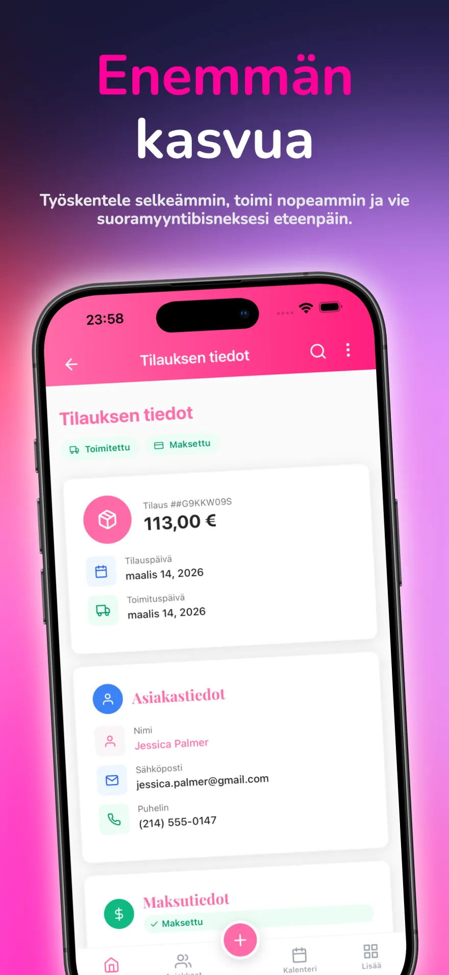 Talouden koontinäyttö tulojen, menojen ja voittojen raportteineen