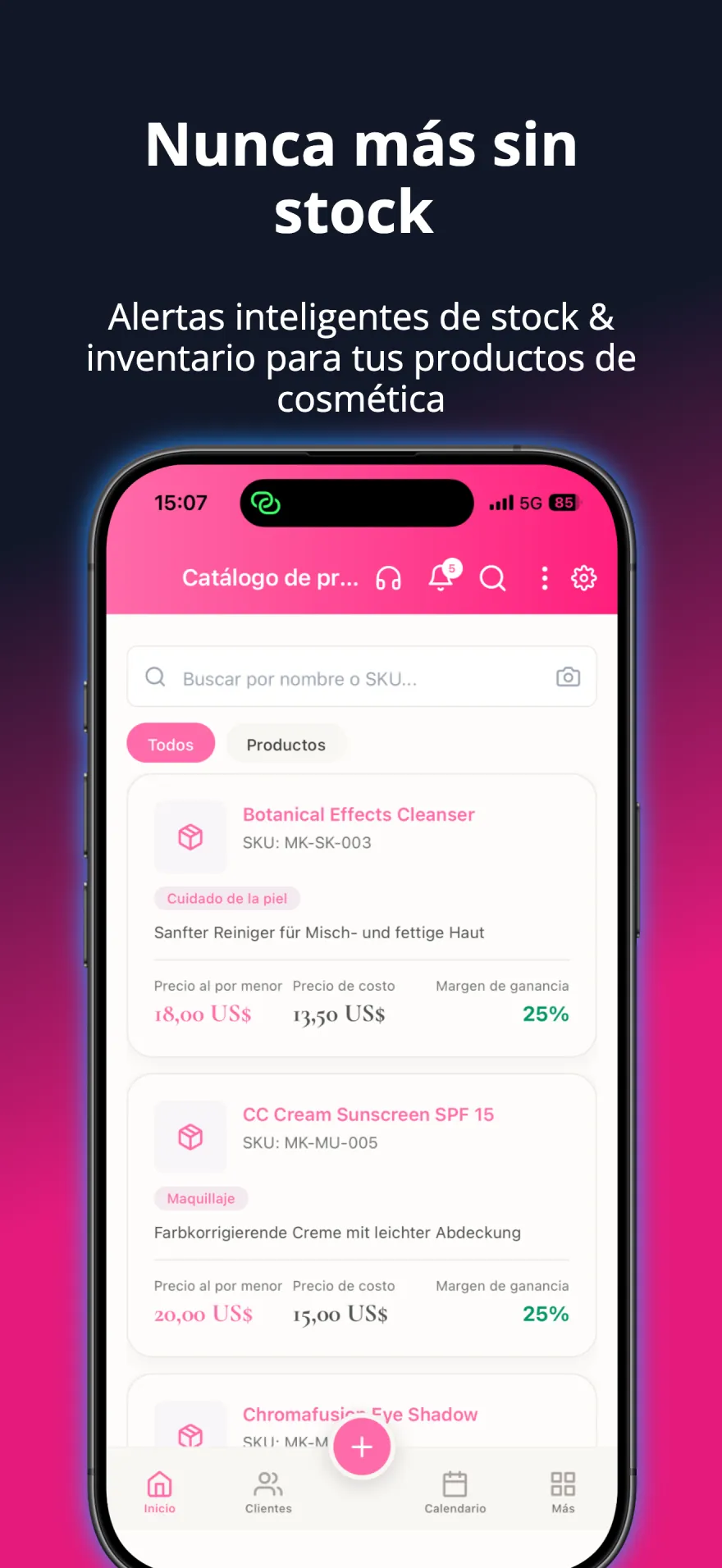 Catálogo de productos y control de inventario con niveles de stock y márgenes de beneficio