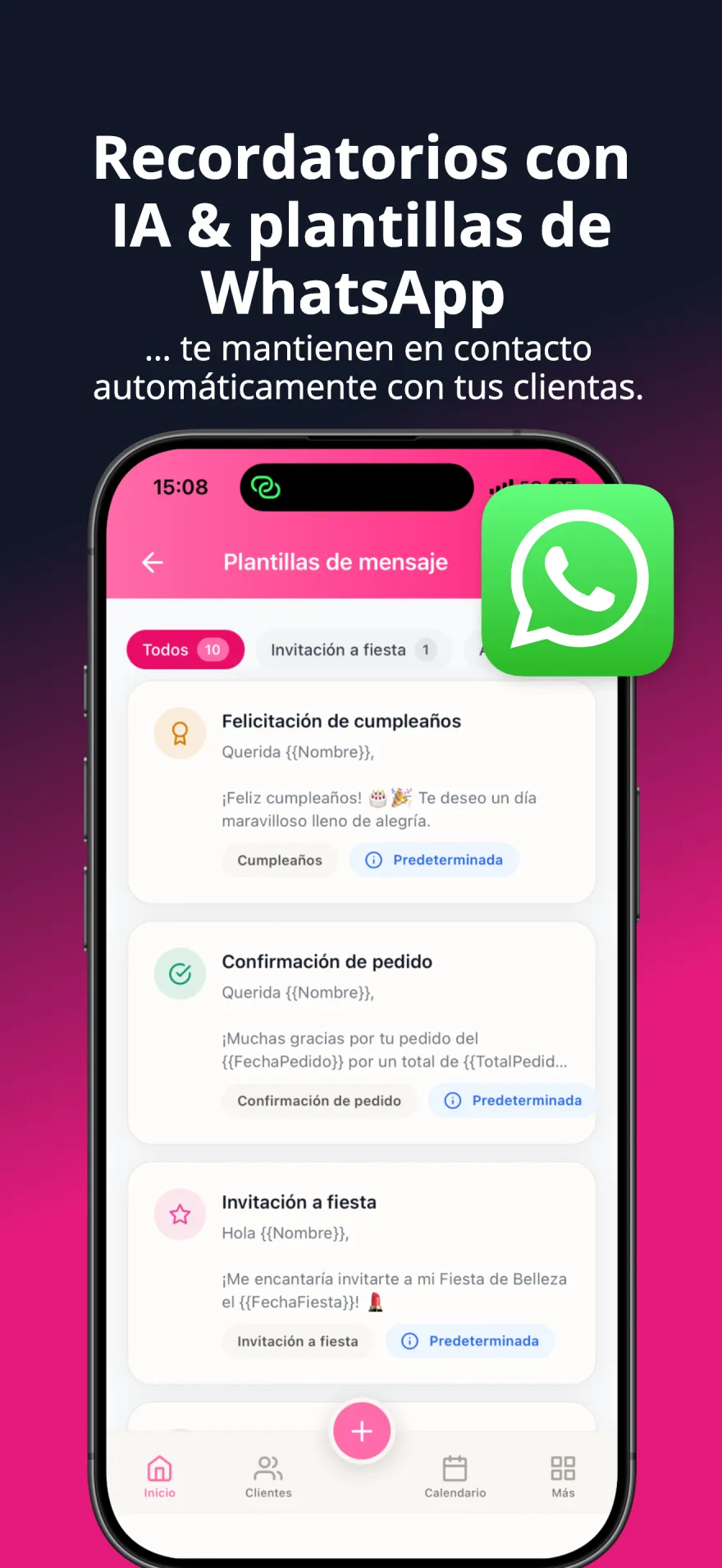 Plantillas de mensajes de WhatsApp y recordatorios automáticos para clientes