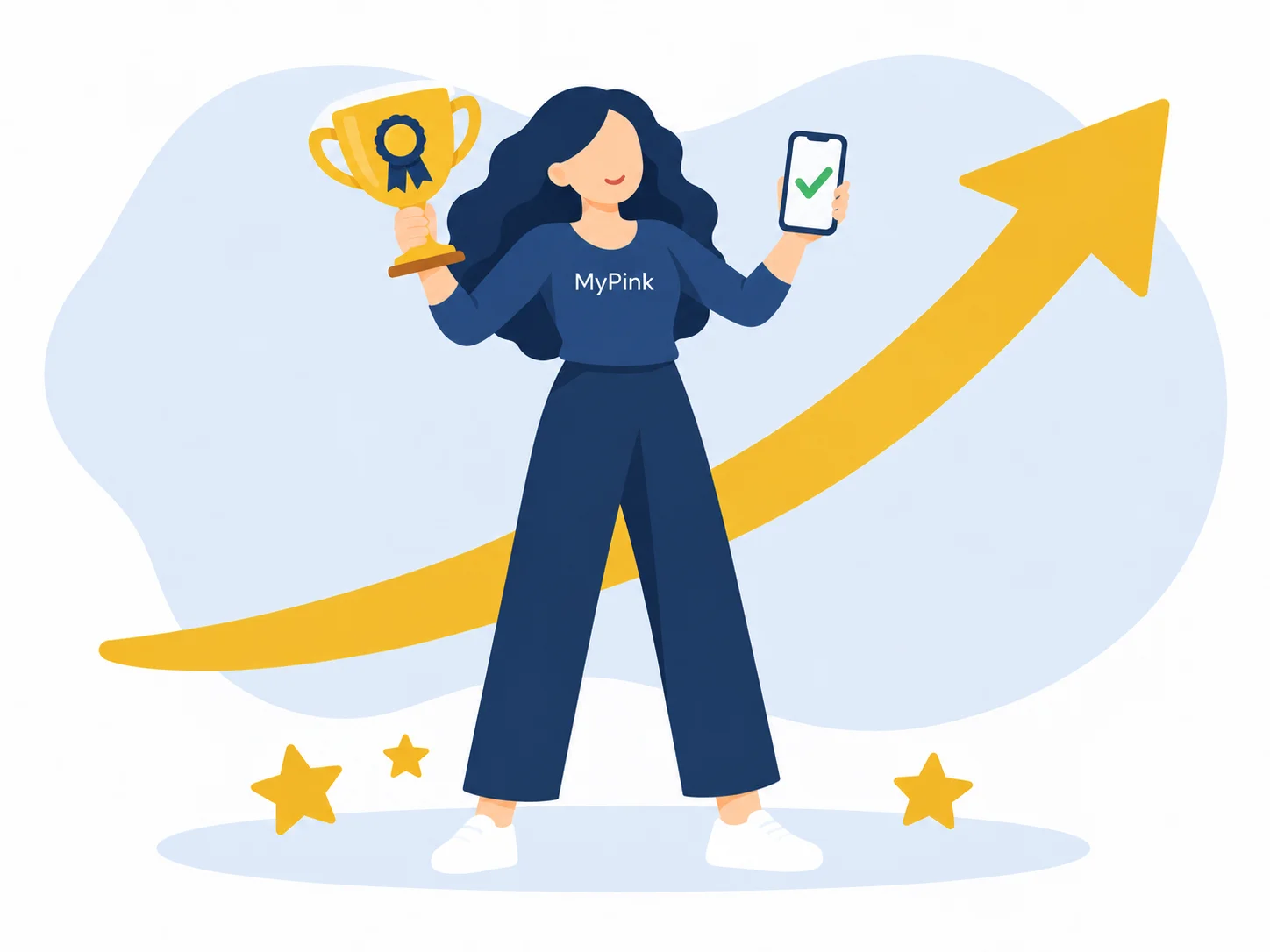 Successful consultant celebrating with trophy, phone, and rising growth chart