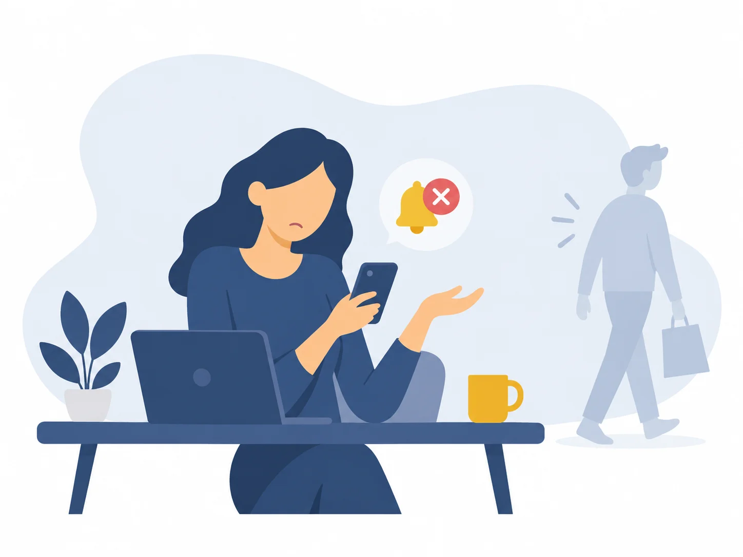 Woman at desk notices missed notification while customer walks away unnoticed