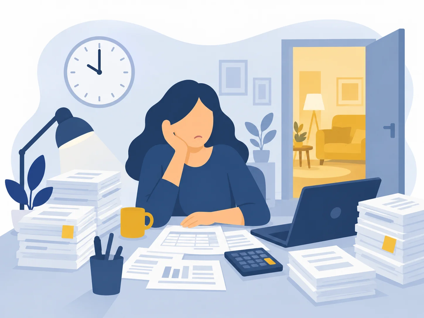 Woman overwhelmed by paperwork late at night while family waits in the next room