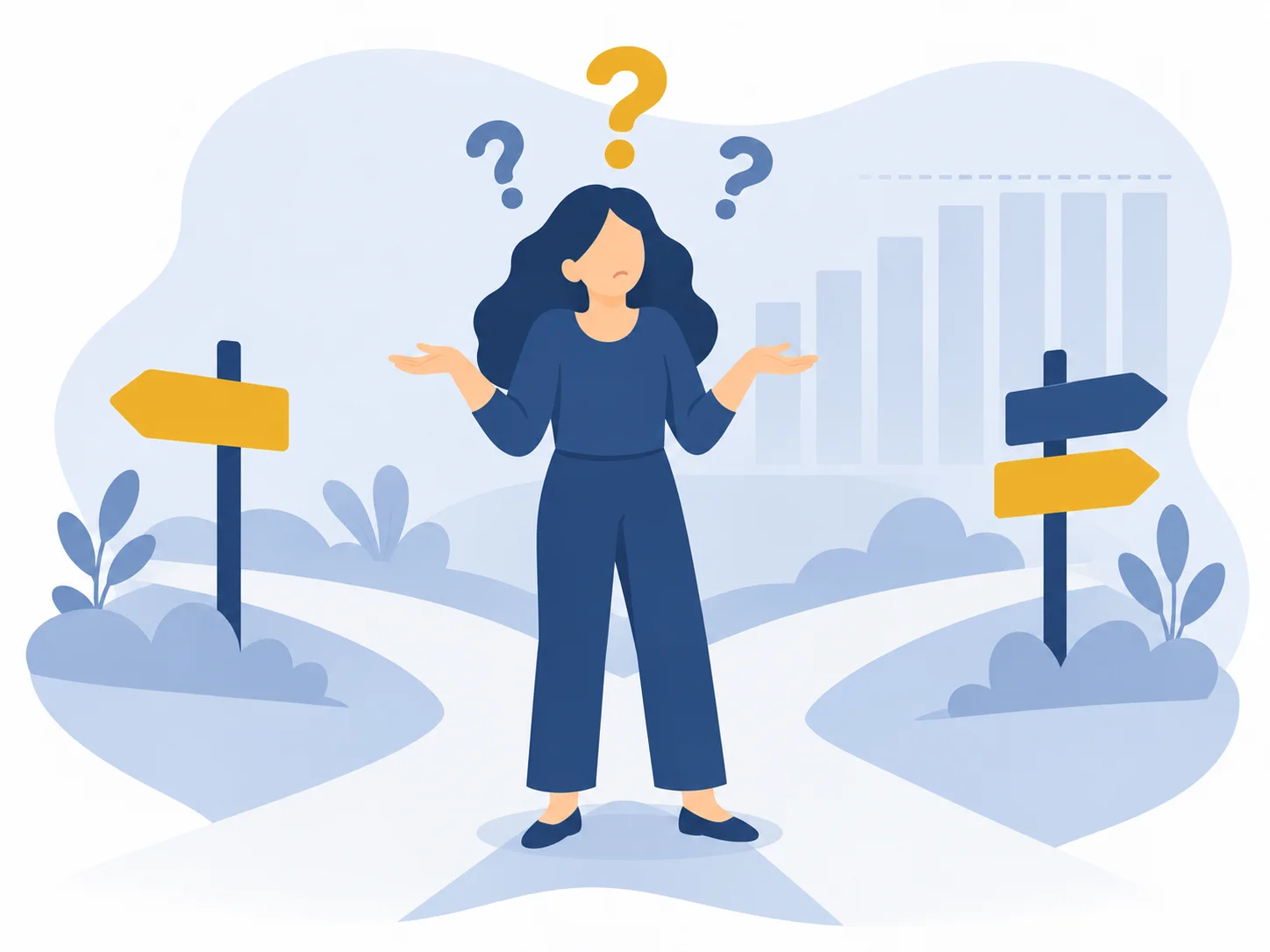 Woman at a crossroads with question marks, unsure which direction to grow her business