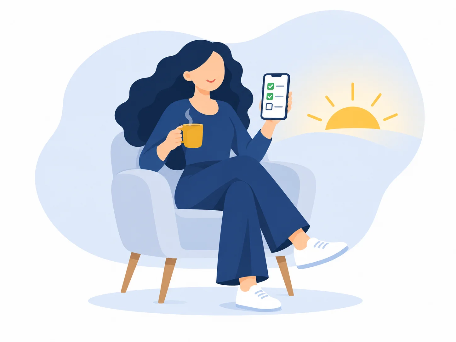 Consultant with coffee reviewing her daily task checklist on her phone